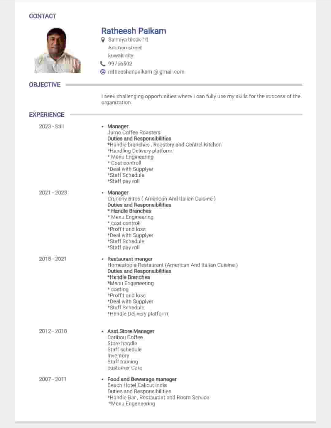 I'm looking for a restaurant manager job