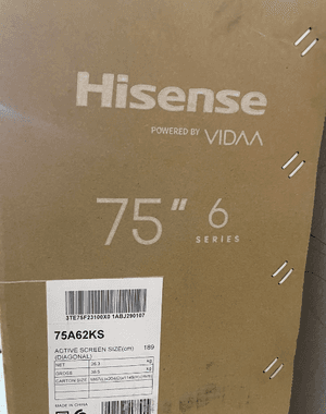 Hisense 75 inch new TV in cardboard