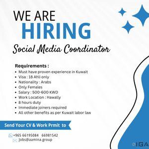 HIRING FEMALE SOCIAL MEDIA COORDINATOR